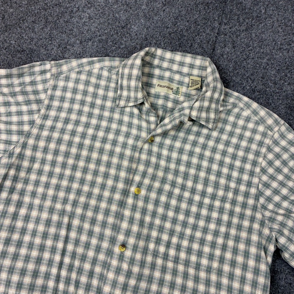 VTG Fieldmaster Men Plaid Short Sleeve Button Down Shirt Green Tan Cotton Medium